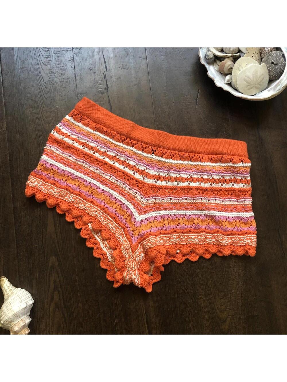 H&M Orange Crochet Swim Cover Shorts Sz S Cotton Cutesy Boho Hippie Festival